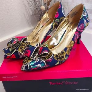 Fun navy blue background colorful print fabric 3" heels with gold trim knot bow